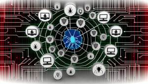 Un gráfico detallado mostrando una red de botnets atacando múltiples sistemas informáticos